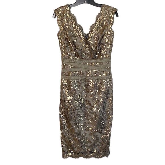 Tadashi Shoji Lace Gold Sequin Overlay Taupe Smoked Pearl Cocktail Dress Sz 2 - Picture 5 of 16